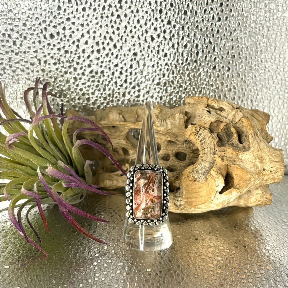 Size 7&1/4 Luscious Leopard Skin Jasper ring  marked 925